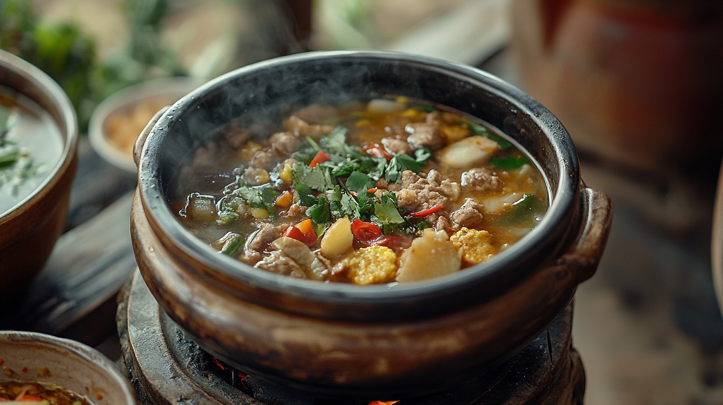 A clay pot filled with hot Thai red curry soup, garnished with fresh cilantro, chili, and vegetables