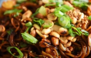 Close-up view of a flavorful noodle dish