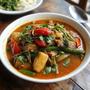 A bowl of Thai red curry with vegetables and herbs, garnished with fresh cilantro