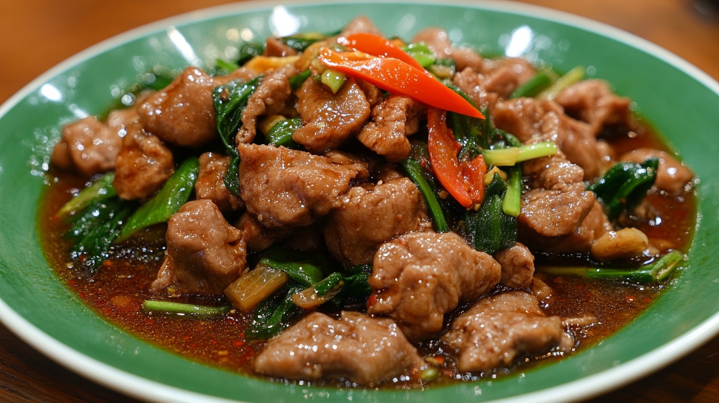 Close-up of a vibrant Thai stir-fry with tender meat, colorful vegetables, and rich sauce served on a green plate