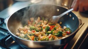 A steaming pan of chicken and vegetables being stirred on a stove