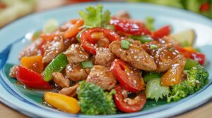 A plated dish of colorful Gaeng Daeng curry with chicken and vegetables, garnished with sesame seeds