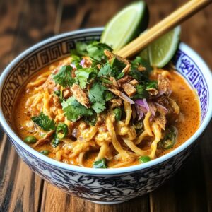 A bowl of Khao Soi with rich curry broth, noodles, lime wedges, and garnished with crispy shallots and fresh cilantro