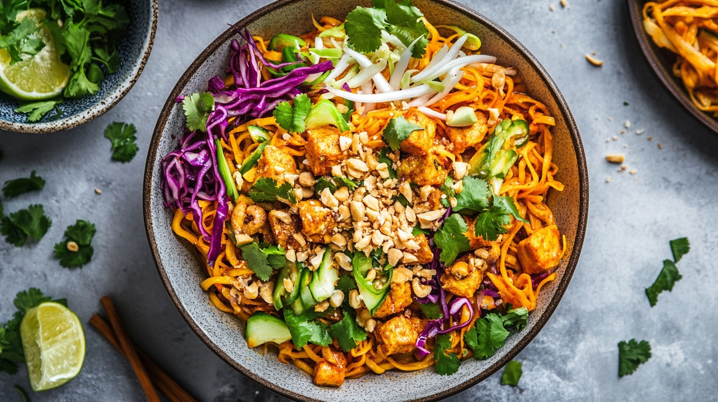 A colorful bowl of Khao Soi with tofu, shredded purple cabbage, bean sprouts, cucumber, and cilantro garnished with crushed peanuts