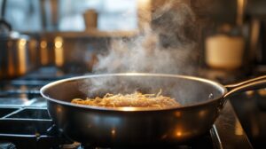 A frying pan on a stove with steaming noodles being cooked, creating a warm and inviting atmosphere