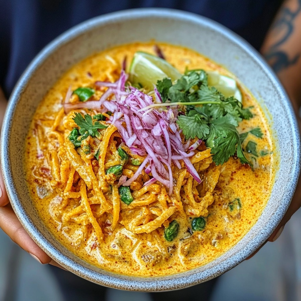 A bowl of creamy Khao Soi with noodles, garnished with sliced red onions, fresh cilantro, and lime wedges