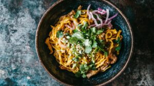 A bowl of Khao Soi garnished with cilantro, sliced red onions, and green onions on a rustic background